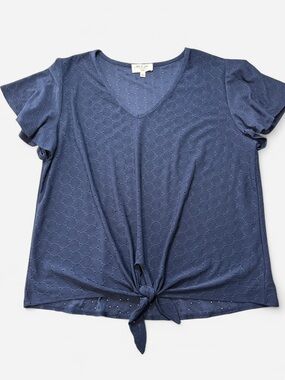 Women’s Navy Eyelet Knot Front V-Neck Top